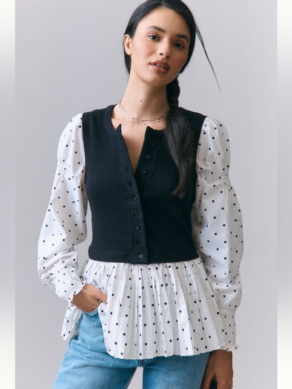 Anthropologie Romantic Preppy Layered Twofer Peplum Top Polka Dot XS NWT Fall